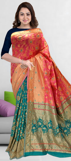 Green, Pink and Majenta color Saree in Kanjeevaram Silk fabric with Cut Dana, Weaving, Zircon work