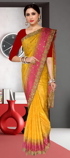 Yellow color Saree in Jacquard fabric with Cut Dana, Weaving, Zircon work