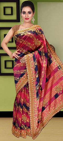 Blue, Pink and Majenta color Saree in Kanjeevaram Silk fabric with Bugle Beads, Weaving, Zircon work