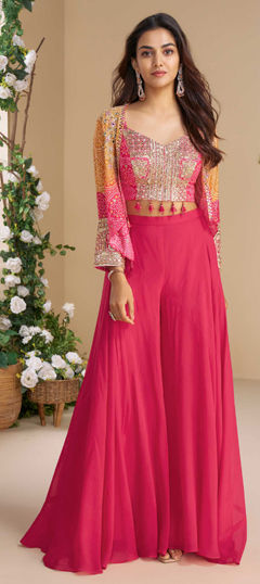 Pink and Majenta color Salwar Kameez in Chinon Silk fabric with Bugle Beads, Embroidered, Mirror, Printed, Sequence, Zari work
