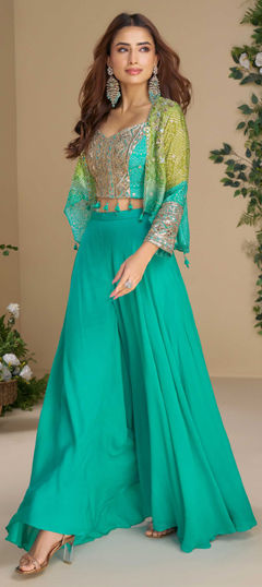 Blue color Salwar Kameez in Chinon Silk fabric with Bugle Beads, Embroidered, Mirror, Printed, Sequence, Zari work