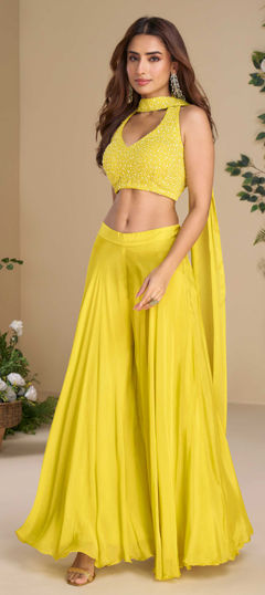 Yellow color Salwar Kameez in Chinon Silk fabric with Bugle Beads, Embroidered, Sequence work