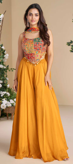 Orange color Salwar Kameez in Chinon Silk fabric with Bugle Beads, Embroidered, Printed, Sequence work