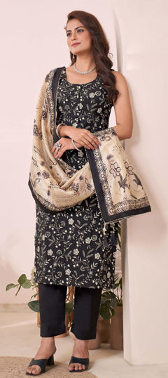 Black and Grey color Salwar Kameez in Silk fabric with Embroidered, Sequence, Thread work