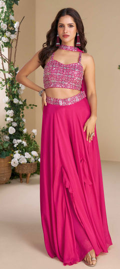 Pink and Majenta color Salwar Kameez in Chinon Silk fabric with Embroidered, Sequence, Zari work