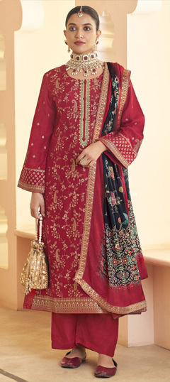 Red and Maroon color Salwar Kameez in Dolla Silk, Jacquard fabric with Embroidered, Sequence, Weaving work