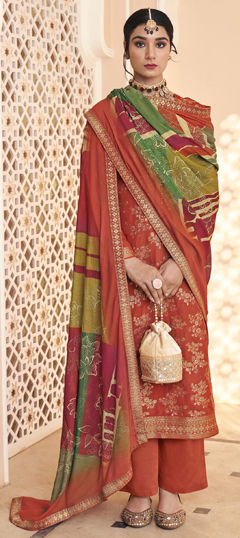 Beige and Brown color Salwar Kameez in Dolla Silk, Jacquard fabric with Embroidered, Sequence, Weaving work