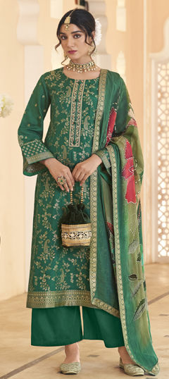Green color Salwar Kameez in Dolla Silk, Jacquard fabric with Embroidered, Sequence, Weaving work