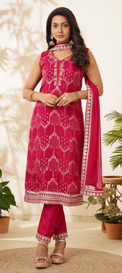 Pink and Majenta color Salwar Kameez in Silk fabric with Embroidered, Sequence, Thread work