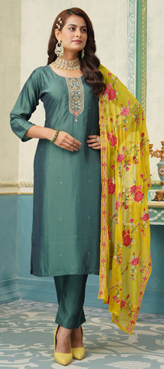 Blue color Salwar Kameez in Silk fabric with Embroidered, Sequence, Thread work