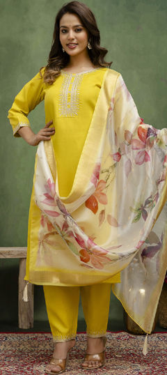 Yellow color Salwar Kameez in Blended Cotton fabric with Embroidered work