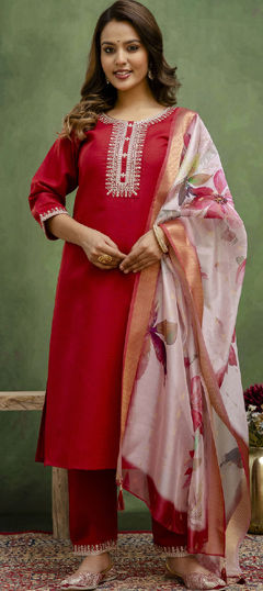 Red and Maroon color Salwar Kameez in Blended Cotton fabric with Embroidered work