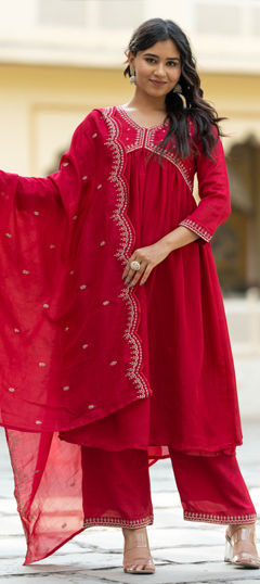Red and Maroon color Salwar Kameez in Art Silk fabric with Embroidered work
