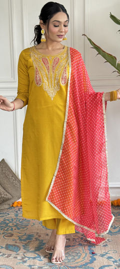 Yellow color Salwar Kameez in Viscose fabric with Embroidered, Sequence work