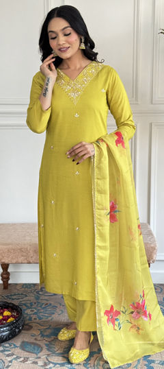 Yellow color Salwar Kameez in Rayon fabric with Embroidered, Sequence work