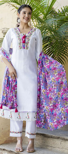 White and Off White color Salwar Kameez in Chanderi Silk fabric with Embroidered work