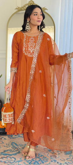 Orange color Salwar Kameez in Art Silk fabric with Embroidered, Sequence work