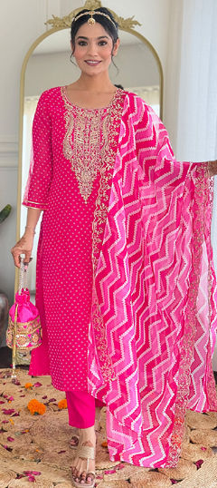 Pink and Majenta color Salwar Kameez in Art Silk fabric with Embroidered, Sequence work