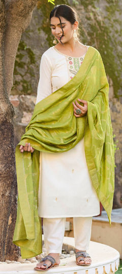 White and Off White color Salwar Kameez in Viscose fabric with Embroidered work