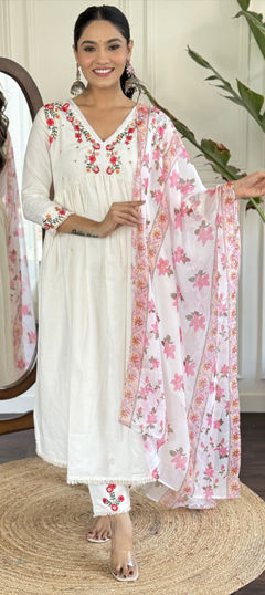 White and Off White color Salwar Kameez in Viscose fabric with Embroidered work