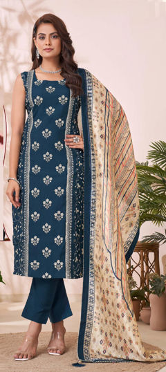Blue color Salwar Kameez in Silk fabric with Embroidered, Sequence, Thread work