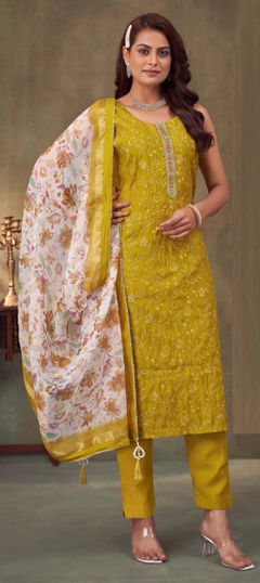 Yellow color Salwar Kameez in Silk fabric with Embroidered, Sequence, Thread work
