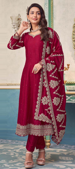 Pink and Majenta color Salwar Kameez in Silk fabric with Embroidered, Sequence, Thread work