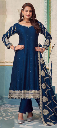Blue color Salwar Kameez in Silk fabric with Embroidered, Sequence, Thread work