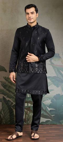Black and Grey color Kurta Pyjama with Jacket in Silk fabric with Embroidered, Sequence, Thread work