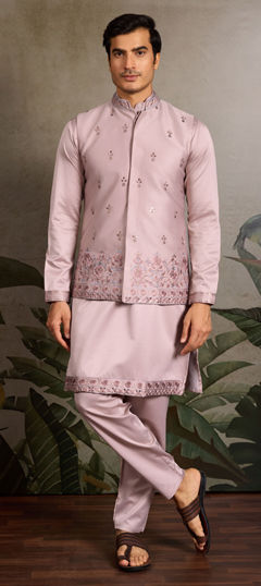 Pink and Majenta color Kurta Pyjama with Jacket in Silk fabric with Embroidered, Sequence, Thread work