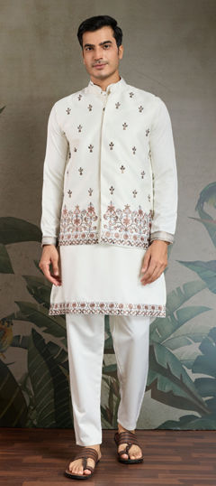 White and Off White color Kurta Pyjama with Jacket in Silk fabric with Embroidered, Sequence, Thread work
