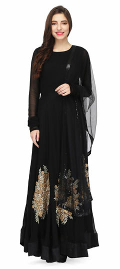 Black and Grey color Salwar Kameez in Georgette fabric with Bugle Beads, Sequence, Stone, Zari work