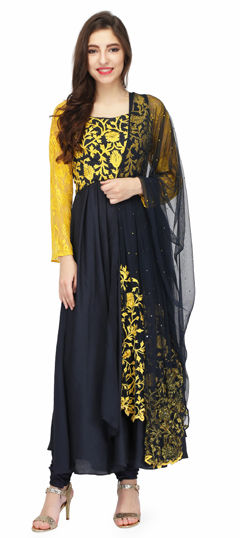 Blue color Salwar Kameez in Satin Silk fabric with Embroidered, Thread work
