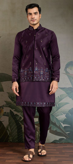 Purple and Violet color Kurta Pyjama with Jacket in Silk fabric with Embroidered, Sequence, Thread work