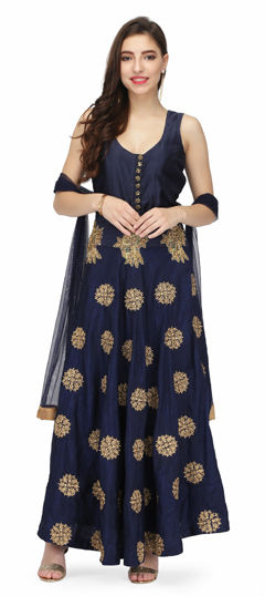 Blue color Salwar Kameez in Raw Silk fabric with Patch, Zari work