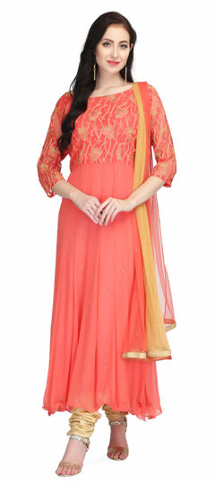 Pink and Majenta color Salwar Kameez in Chiffon, Net fabric with Embroidered, Stone, Thread, Zari work