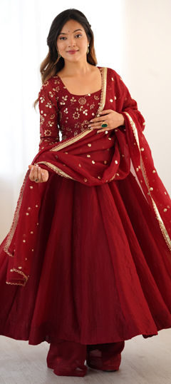 Red and Maroon color Salwar Kameez in Crushed Silk fabric with Embroidered, Sequence work