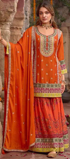 Orange color Salwar Kameez in Chinon Silk fabric with Border, Embroidered, Sequence, Thread work