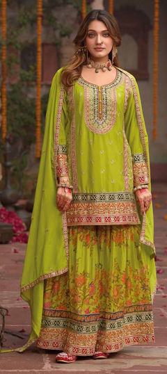Green color Salwar Kameez in Chinon Silk fabric with Border, Embroidered, Sequence, Thread work