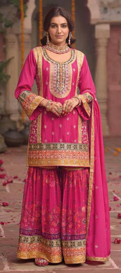 Pink and Majenta color Salwar Kameez in Chinon Silk fabric with Border, Embroidered, Sequence, Thread work