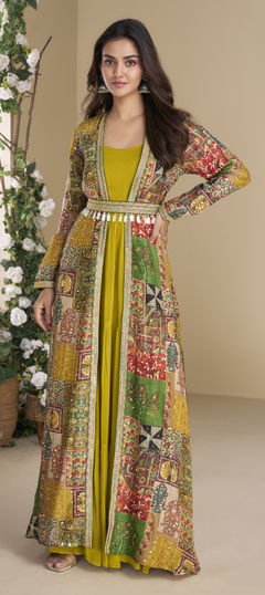 Green color Gown in Georgette fabric with Embroidered, Printed, Sequence work