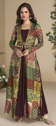 Red and Maroon color Gown in Georgette fabric with Embroidered, Printed, Sequence work