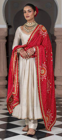 White and Off White color Salwar Kameez in Chinon Silk fabric with Embroidered, Gota Patti work
