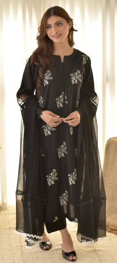 Black and Grey color Salwar Kameez in Roman Silk fabric with Lace work