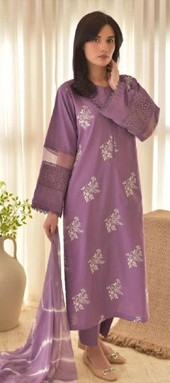 Purple and Violet color Salwar Kameez in Roman Silk fabric with Lace work