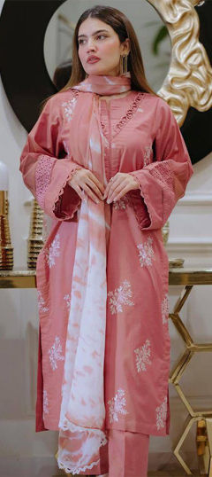 Pink and Majenta color Salwar Kameez in Roman Silk fabric with Lace work