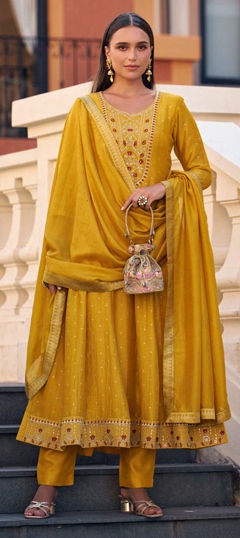 Yellow color Salwar Kameez in Silk fabric with Embroidered, Resham, Sequence, Thread work
