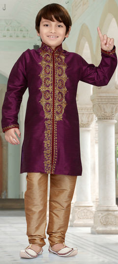 202071: Purple and Violet color Boys Kurta Pyjama in Art Dupion Silk fabric with Embroidered, Stone, Thread, Zari work