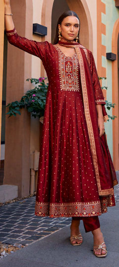 Red and Maroon color Salwar Kameez in Silk fabric with Embroidered, Resham, Sequence, Thread work