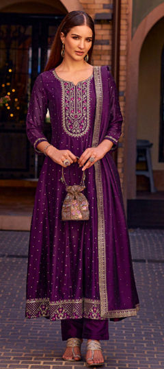 Purple and Violet color Salwar Kameez in Silk fabric with Embroidered, Resham, Sequence, Thread work